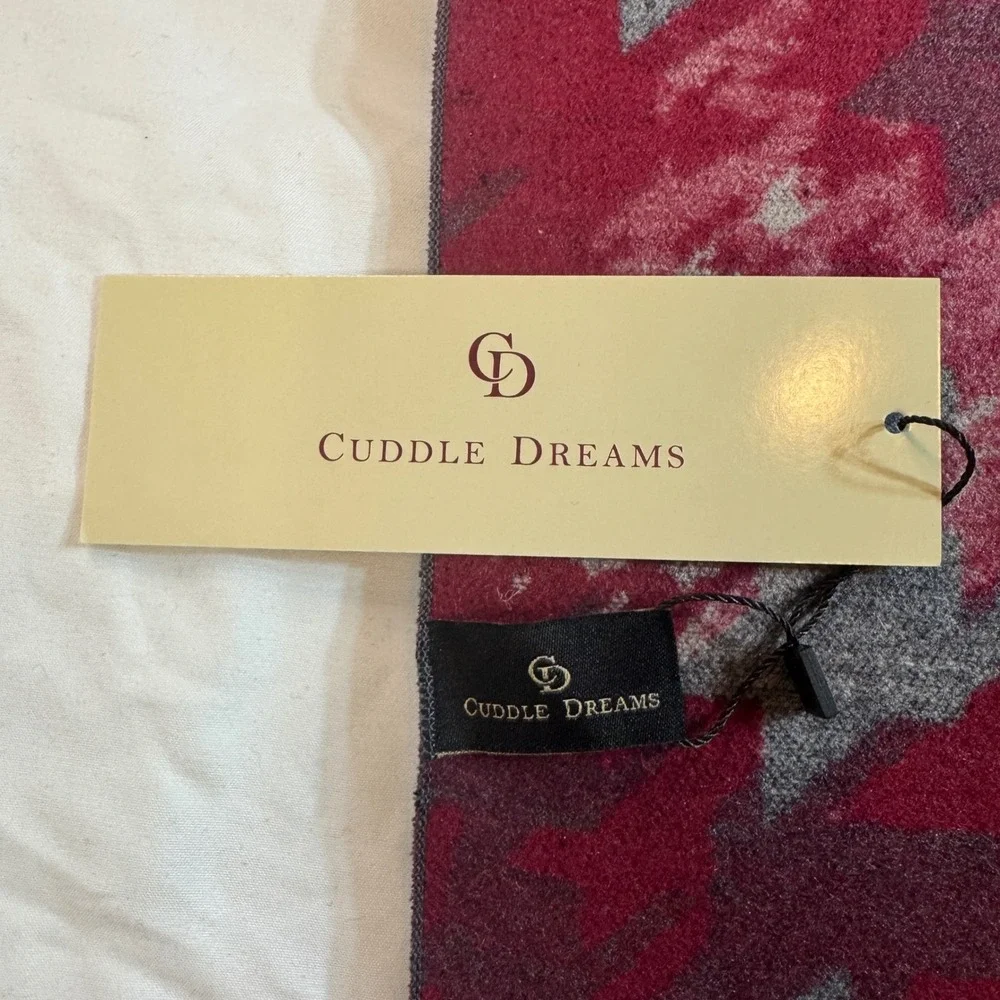 Cuddle Dreams 100% Silk‎ Scarf Burgundy Red Grey Oversized Houndstooth Fringed